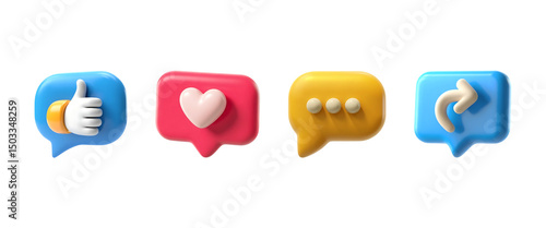 3d rendered Social media engagement icons. Like, Comment, Share Icons PNG. 3D Social Media Reaction Icon Set.