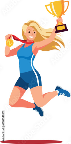 Female athlete jumping with gold medal and trophy celebrating victory vector illustration