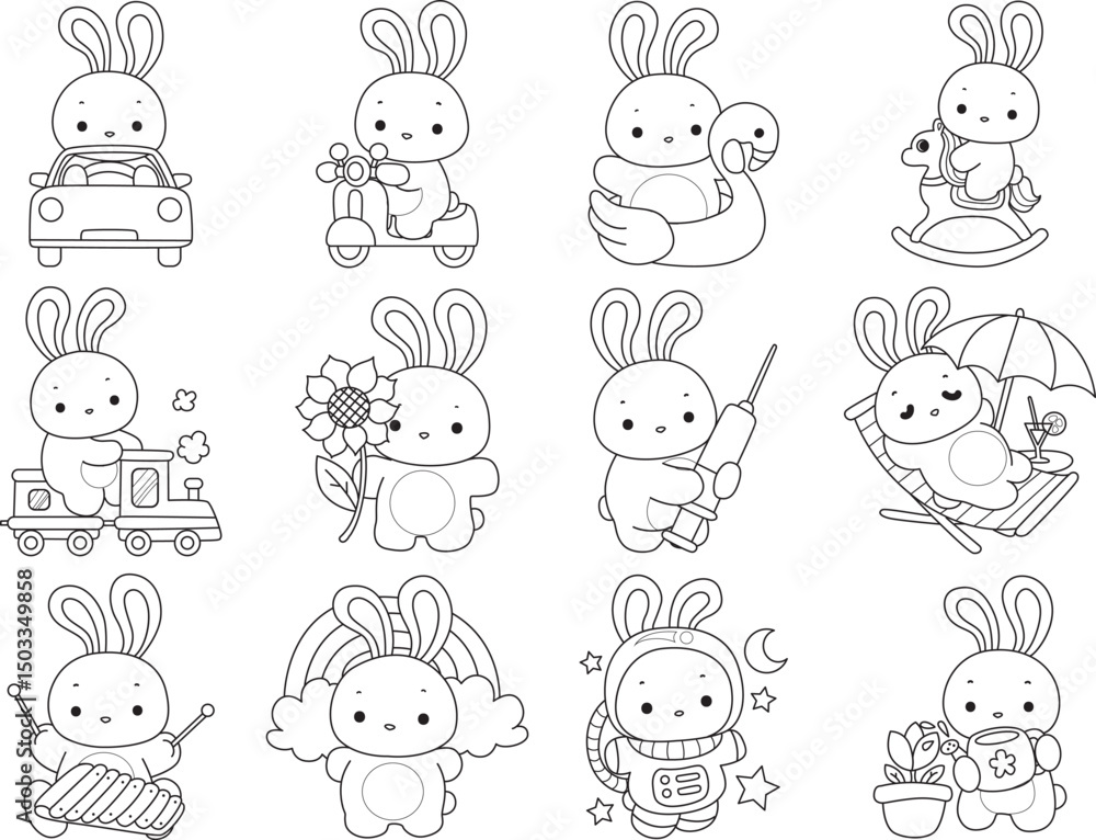 Obraz premium Outline of Illustration of cute bunny icon. Lineart of Funny rabbit in daily activities elements.