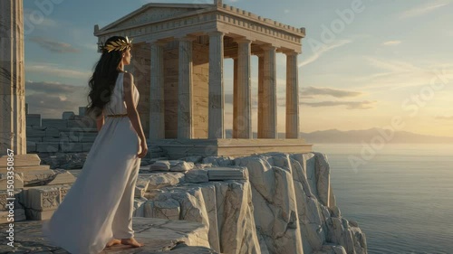 Woman in ancient greek dress on cliff at sunset