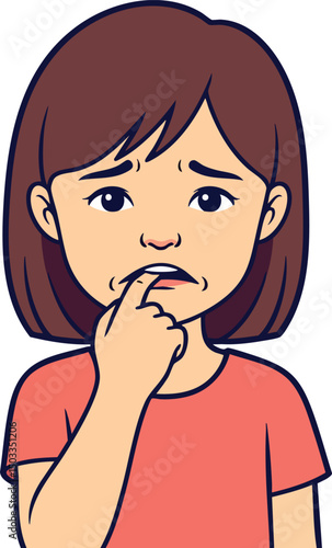 Worried young girl biting finger anxious expression vector illustration portrait