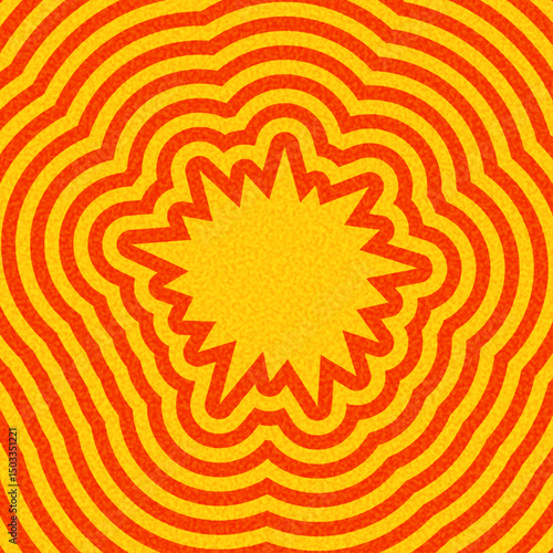 Abstract yellow burst shape over bold red concentric rings on textured yellow background. Vector illustration.