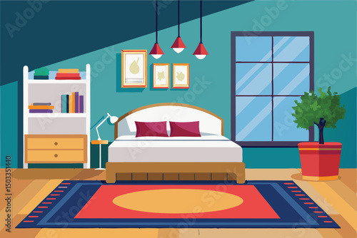 Luxury home bedroom interior with a large bed, soft pillows, and modern furniture under warm lamp light