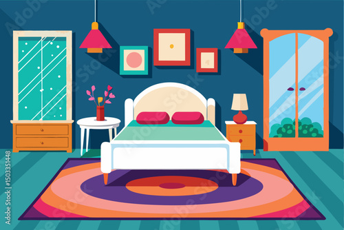 Modern Bedroom Interior Design with Colorful Rug and Artwork