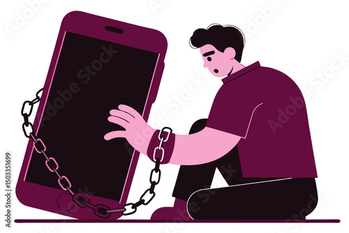 Digital addiction vector art. Man shackled to phone, symbolizing modern tech obsession