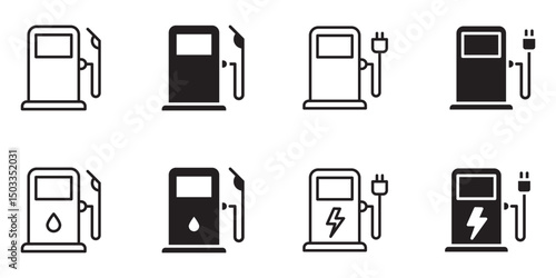 Gas station icon set. Fuel sign, gas, petrol, oil, gasoline. electric car charging station