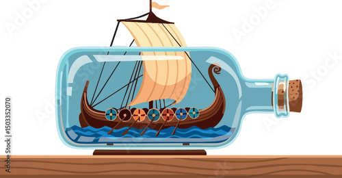 Viking ship in bottle illustration with sail and shields on wooden surface vector