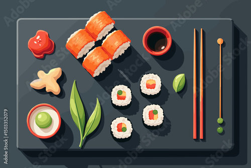 colorful sushi platter with chopsticks and dipping sauces on dark surface, Japanese cuisine presentation