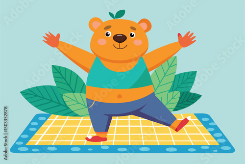 Cute Orange Bear Doing Yoga on a Mat Outdoors