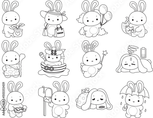 Outline of Illustration of cute bunny icon.
Lineart of Funny rabbit in daily activities elements.