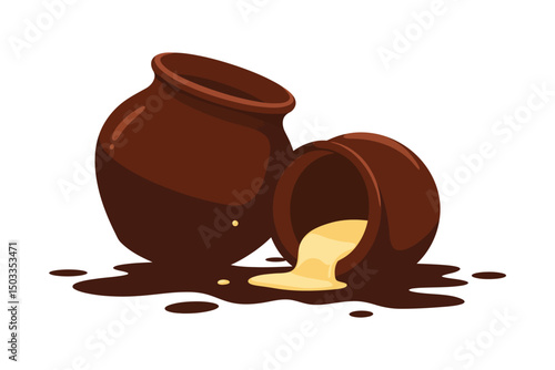 Spilled Clay Pot with Butter Traditional Indian Matka Vector Design .