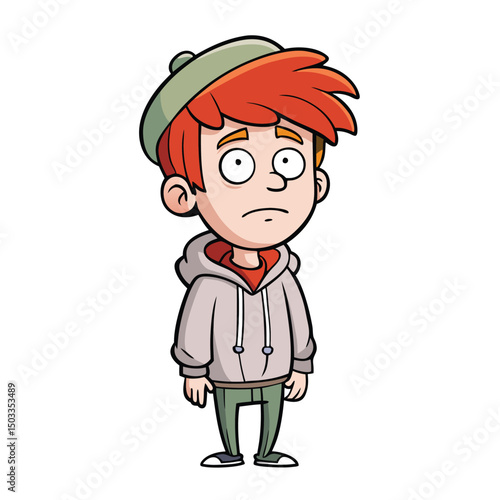 Anxious redhead cartoon character with a green cap and hoodie stands nervously