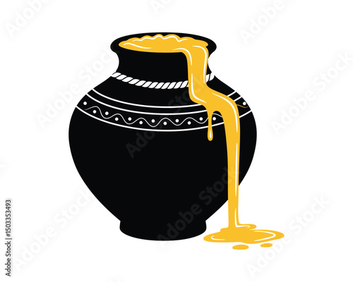 Traditional Indian Pot Vector | Overflowing Butter Handi Illustration for Janmashtami, Pongal, and Festival Art .