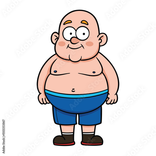 Bald cartoon man with blue shorts stands smiling isolated on white background