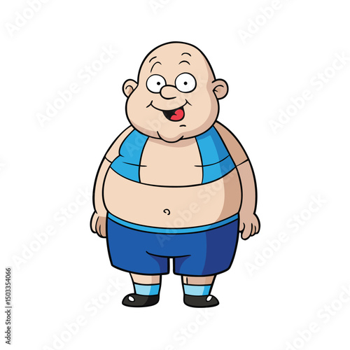 Balding man smiles while wearing blue outfit and black shoes in a cartoon