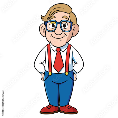 Blond Caucasian man wearing blue glasses stands confidently with hands in pockets