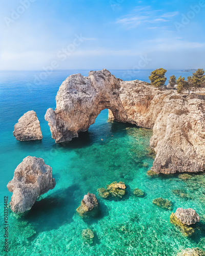 Breathtaking Aphrodite's rock with turquoise Mediterranean sea in Cyprus.