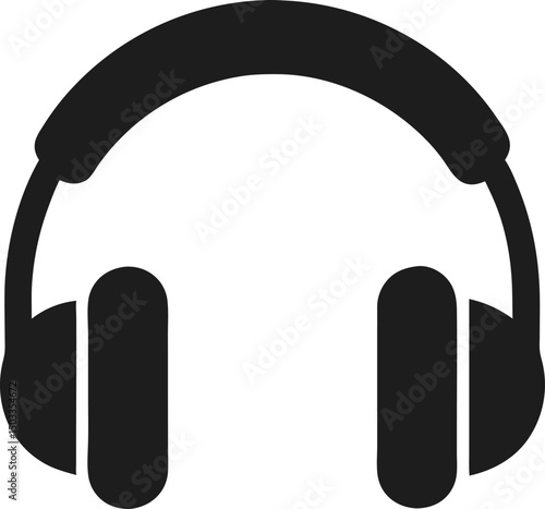 Simple black and white icon illustration of modern headphones for music listening or audio