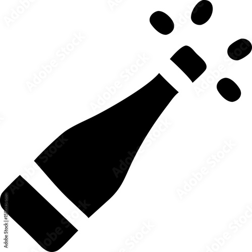 Simple black and white icon of a champagne bottle with bubbles popping open