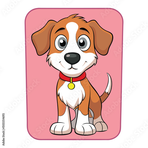 Cartoon beagle puppy smiles happily wearing a red collar against a pink backdrop