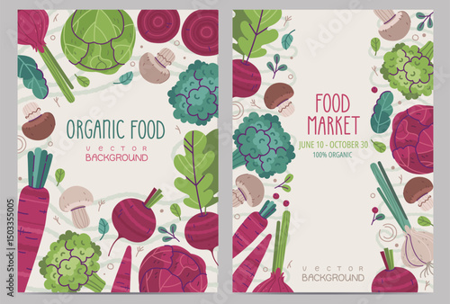 Set of Posters with Vegetables. Banners with Farm Fresh Produce. Beets, Cabbage, Onions on White Background