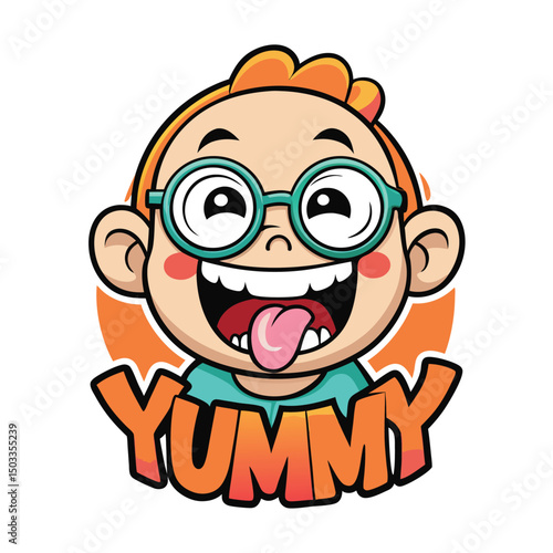 Cartoon boy with glasses sticks out his tongue, as he says yummy