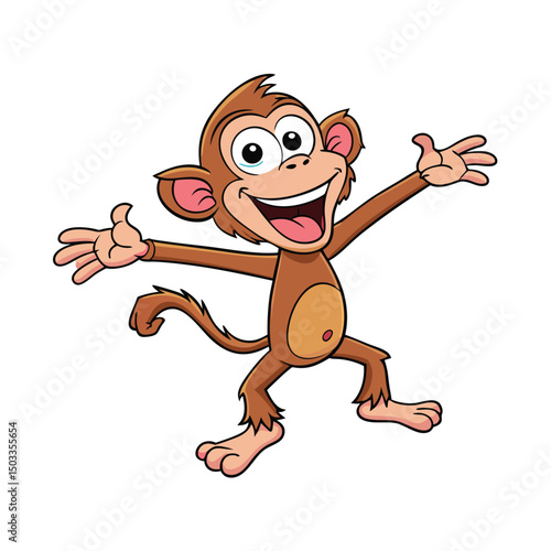 Cartoon brown monkey joyfully welcomes with outstretched arms and a happy expression