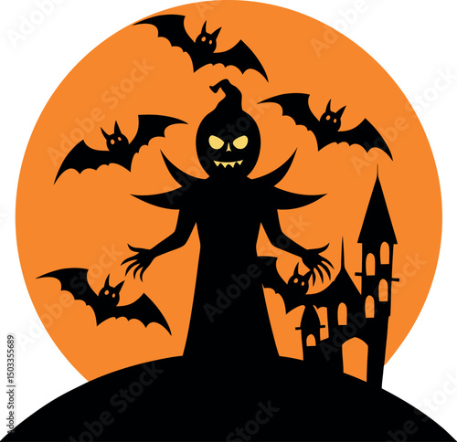 Spooky Halloween Night with Bats Flying All Around Monster