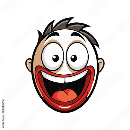 Cartoon character exhibits a wide, toothy smile and surprised expression on white background