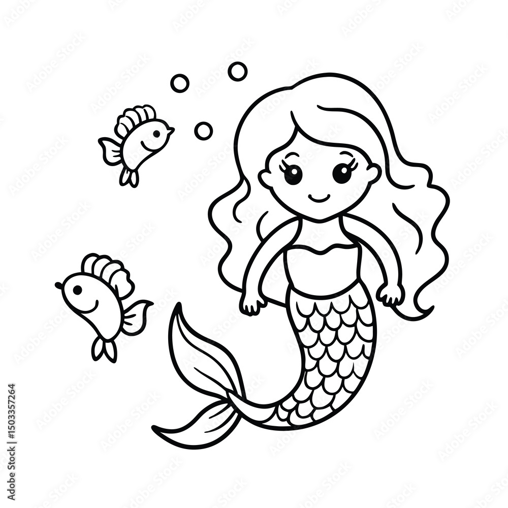 Fototapeta premium cute mermaid coloring page with fish and seaweed
