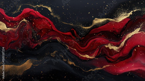 Abstract swirling dark red and black marbled design with gold flecks