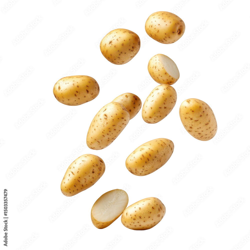 Obraz premium Falling fresh potatoes, Fresh potatoes tumble against a clean white backdrop, showcasing their earthy color and rough texture beautifully, isolated on on transparent background