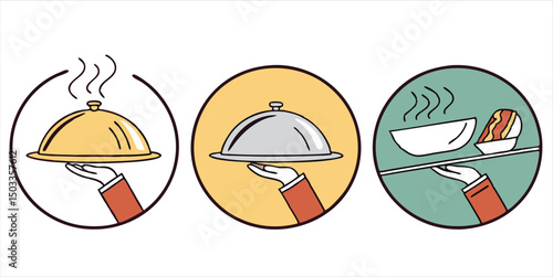 Restaurant service icon set illustration, waiter with dish and meal design