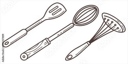 Kitchen utensils illustration set, wooden spoon and skimmer with whisk design