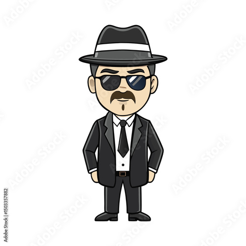 Cartoon man wearing fedora, sunglasses, and business suit confidently presents a transparent background