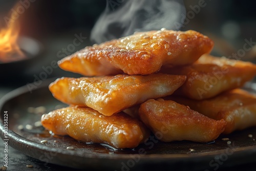 Delicious golden fried pastries stacked on a dark plate emitting steam in a cozy kitchen setting during a warm afternoon