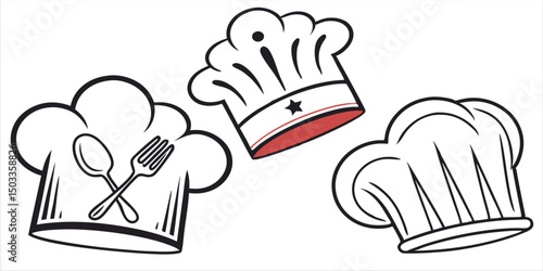 Chef hats illustration set, different chef hats with a spoon and fork
