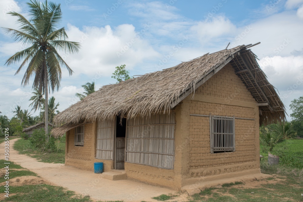 Traditional House Surrounded By Lush Greenery Under A Bright Blue Sky Traditional House Surrounded By Lush Greenery Under A Bright Blue Sky