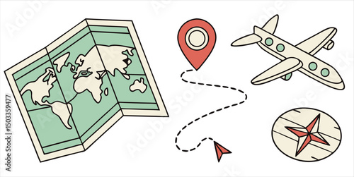 Travel planning illustration, world map with airplane and location pin with compass