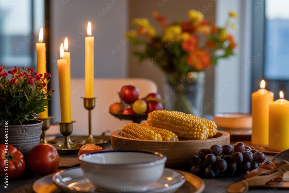 Naklejka premium Elegant Table Setting Featuring Candles Fresh Fruits and Vegetables in Soft Evening Light