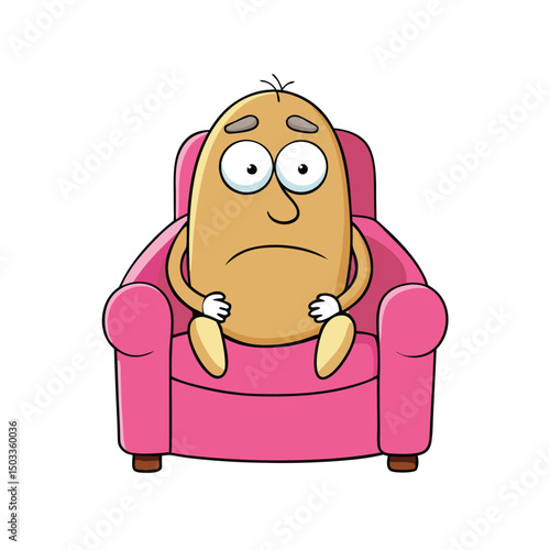 Cartoon potato with sad expression sits quietly in a pink armchair isolated on white