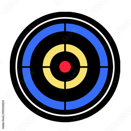A concentric circle target illustration in black, blue, yellow, and red.
