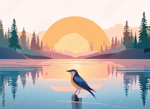 warm sunset over lake with bird silhouette