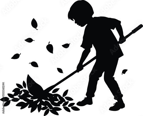  silhouette of boy raking leaves  