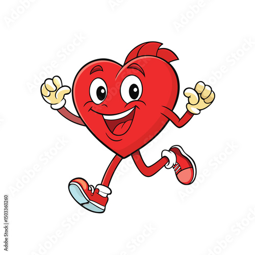 Cartoon red heart character happily runs with gloved hands and sneakerclad feet