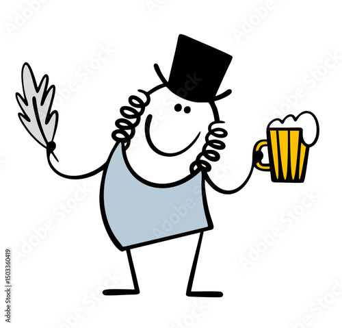 Cartoon stickman, the great Russian poet Pushkin holds a glass mug with beer and a pen, composes poetry. Vector illustration, funny old man drinking alcohol.