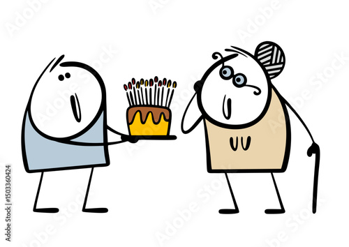 Grandson congratulates his grandmother on her birthday, gives her a cake with lots of candles. Vector illustration of a delicious dessert for a holiday and a party in a nursing home.
