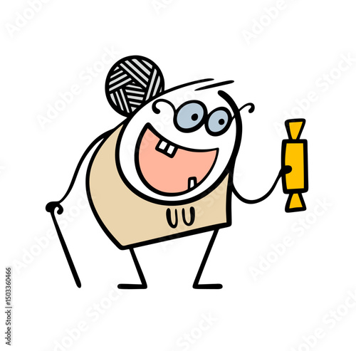 Cartoon happy old woman holds a sweet big candy in her hand. Vector illustration of an elderly lady with glasses and gray hair without teeth delighted with a sweet unhealthy dessert.