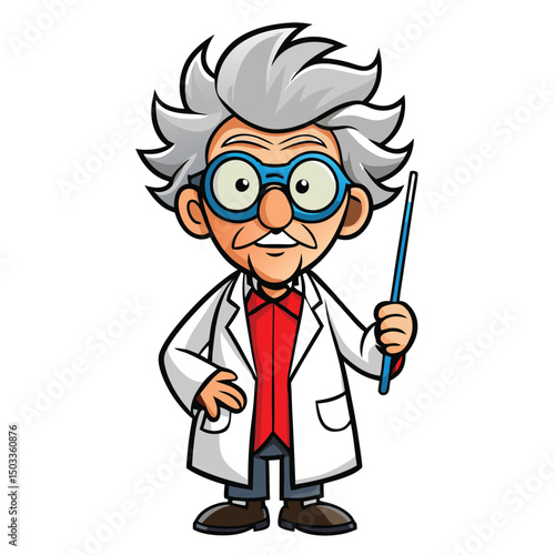 Cartoon scientist with gray hair presents a lesson using a blue pointer stick