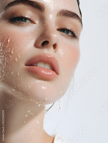 Young girl with clean beautiful and well-groomed skin with water drops. Close-up photo for design